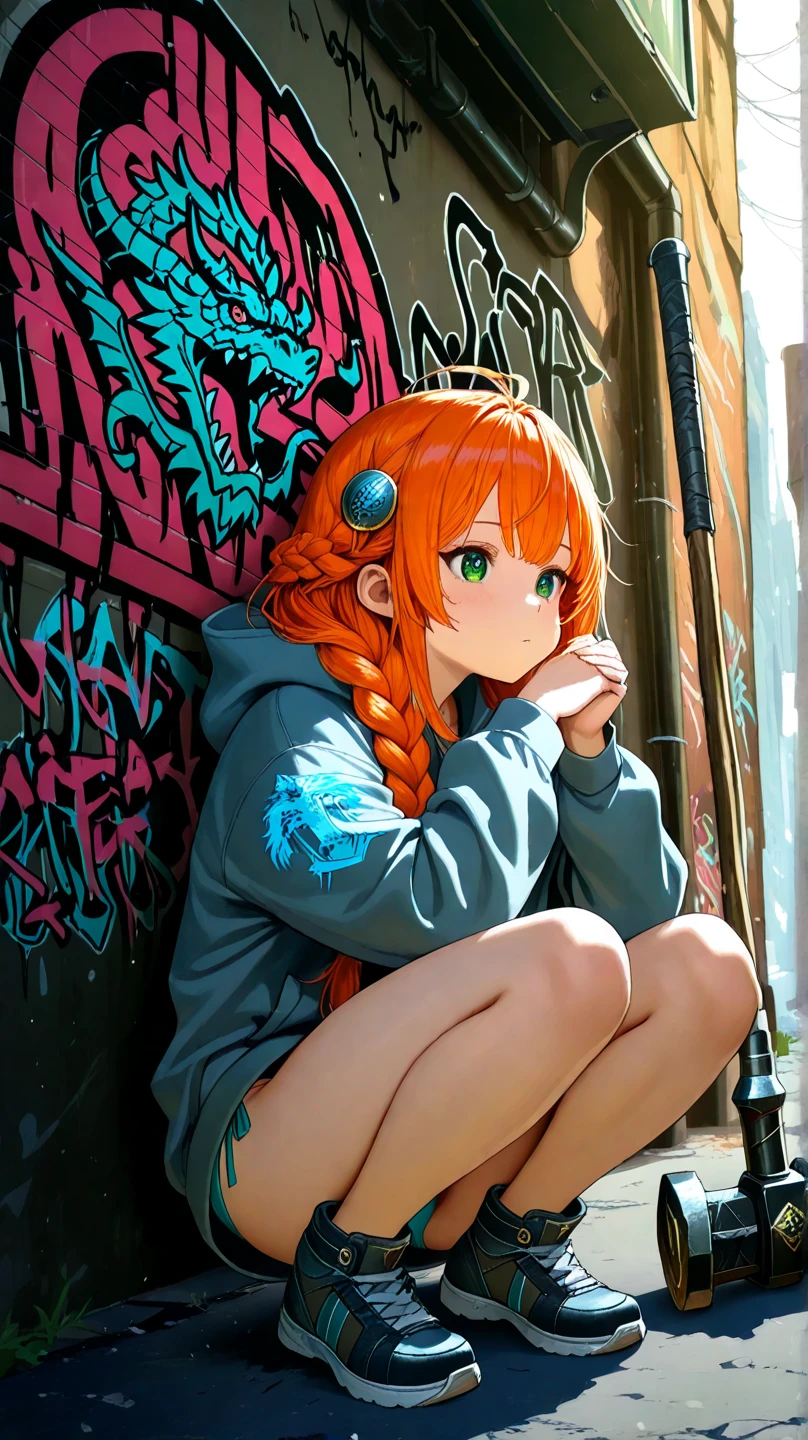 “A sexy young dwarf girl with braided auburn hair, wearing an oversized hoodie with a dragon emblem, bikini bottom standing in a graffiti-covered alley, urban fantasy style, soft lighting, 4k, detailed, 14k busty body full body view and holding a massive dwarf hammer squatting knees spread out
