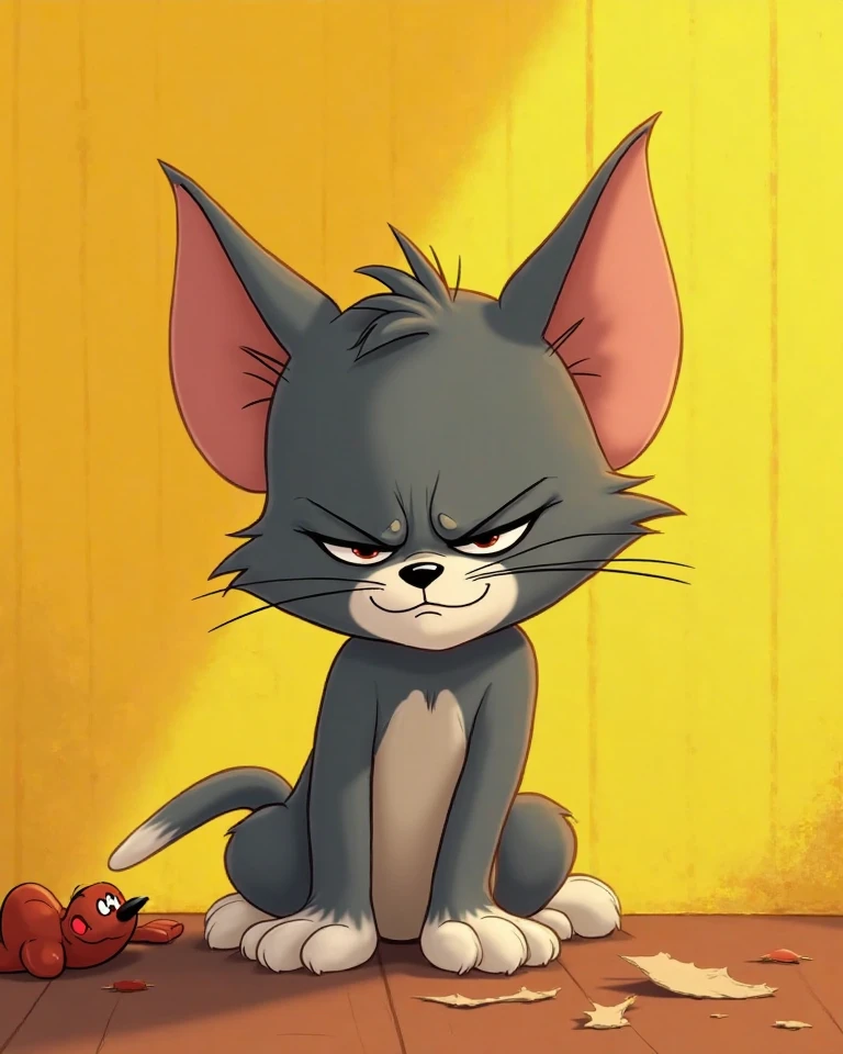 Create me the image of the sad cat Tom and Jerry on a yellow background