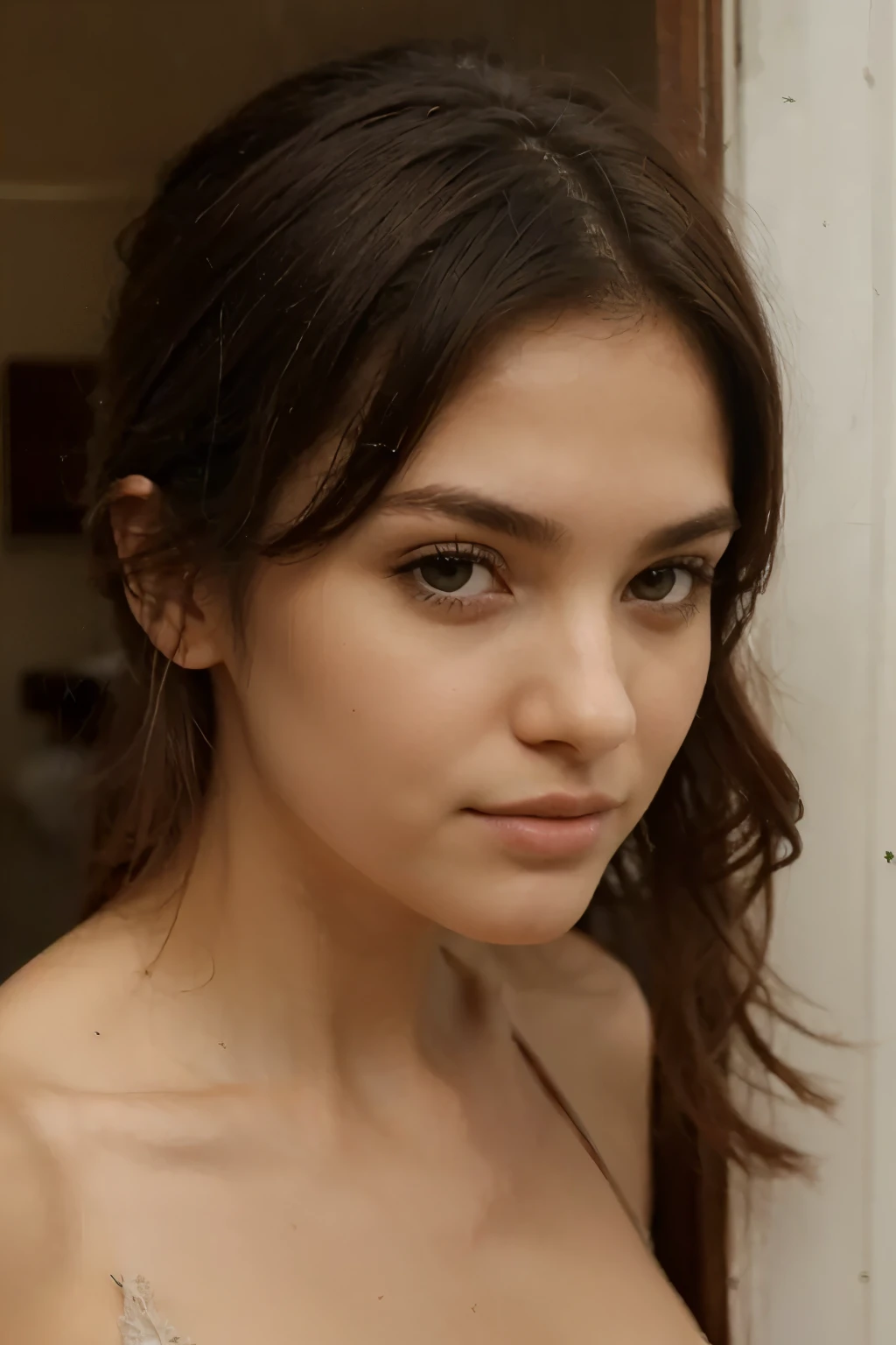 Foto RAW en secuencia, a photo of a 19 year old girl, ((selfie de la parte superior del cuerpo, feliz)), cara detallada, Brown hair, facciones latinas, Brown eyes,   Fondos detallados y ligeramente borrosos, luces naturales, HDR, foto realista, foto profesional, coquetear con el espectador, visualmente sexy, fotorrealista, linda, primero naturales, 8k hd, alta calidad, film grain, Fujifilm XT3