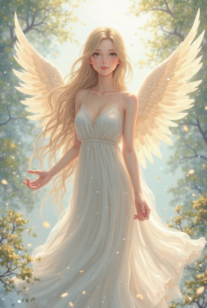 One is wearing a beige gauze dress、With wings、Woman with beige light blond hair wearing flower crown( perfect anatomy ) Translucent wings, Beautiful angel wings,Extremely detailed close up of smiling female angel in flowing gauze dress elegant、Beautiful masterpieces, meticulous depictions, extremely delicate works of art, ultra-precision art,Stunning digital art