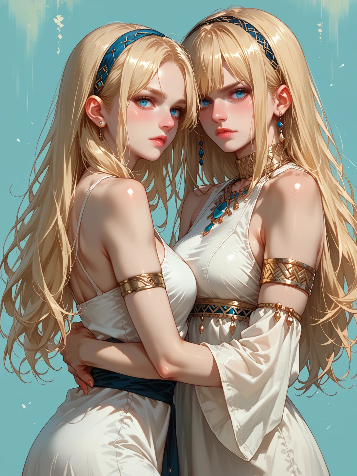 ( High quality , ultra detailed, careful with hand )Zodiac - Gemini goddess , similar to latin goodness , twin goddess , Curious, skillful, humorous, seductive, imaginative face , Sometimes impractical, restless, nervous, careless style , light brown eyes , light blonde hair , transparent dress , in the ocean with wind , whole body , flirty make up look ,