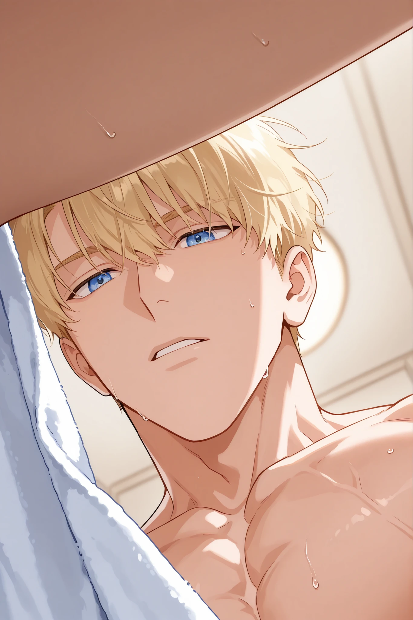 1 sexy blue eyes blonde hair male wearing a white towel, sexy male, seme, close up focus on character in down to up angle, in a bedroom, cut muscle build