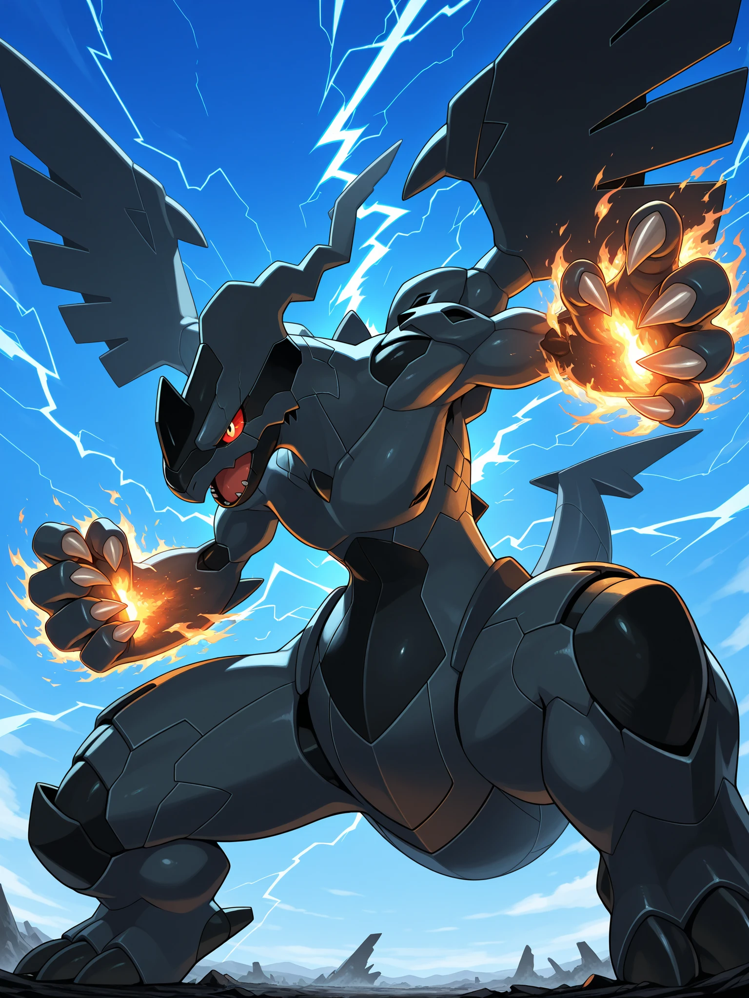 masterpiece, best quality, zekrom , without humans, alone, basic, fire, nervous, attacker, sky, blue sky, claws, addictive , dynamic pose,(thunder fist )