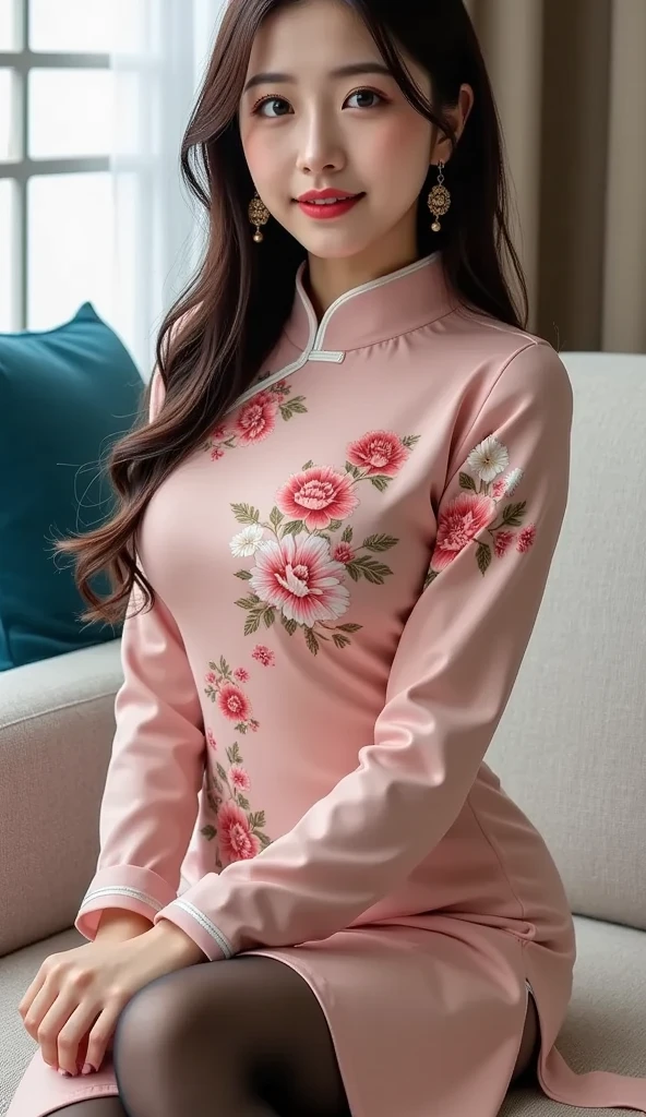 RAW, Best quality, high resolution, Masterpiece: 1.3), Beautiful Malay woman in hijab, Masterpiece, Perfect slim body, ((Big breasts)), Beautiful big eyes, watery eyes, big eyes, glossy lips, Soft smile,wearing (Ao Dai:1.5)、(rot),soft smiling、Black eyes,Exquisiteface、perfectly proportions、Drop-shaped chest、爆乳、Constriction、Navel、Crotch gap、Reinforced round buttocks、well-shaped neat buttocks、thighs thighs thighs thighs、Sexy Soft Pose、Curved shape、beautiful curves、Elegant and vivid Ao Dai、relax、Flowers blooming around、Complex pattern、Vibrant colors、Garden with colorful flowers、A paradise of natural beauty、A quiet、Gorgeous、 (Depth Fields:1.3), Beautiful flower garden in the background、(the background is blur),,