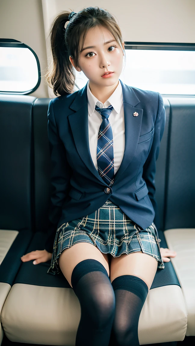 (8k), (highest quality: 1.2), (Realistic), (Realistic: 1.37), Ultra-high resolution, 1 girl, cute, Sexy smile, Mouth closed, Beautiful details, Beautiful Nose, Beautiful Hair, ponytail,Giant Dulcefo, pork, Thighs,University uniform,Sitting on a train in Tokyo,A simple blazer,Pleated skirt,(The skirt and tie are tartan checked.:1.3),(Thighsにクローズアップ),(光沢のあるThighs),(Opaque blue knee-high socks:1.2)