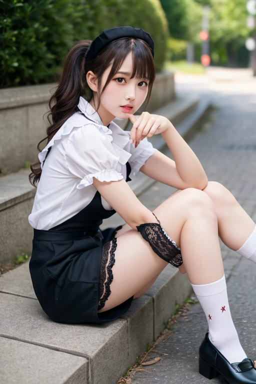portlate、School Uniforms、bright expression、poneyTail、Young shiny shiny white shiny skin、Best Looks、Blonde reflected light、Platinum blonde hair with dazzling highlights、shiny light hair,、Super long silky straight hair、Beautiful bangs that shine、Glowing crystal clear attractive big blue eyes、Very beautiful nice cute girl、Lush bust、smil、full body seen、Skirt with slit、Japanese student uniform、((Disturbed uniform:1.2))、pantyshot、((Low angle camera shooting:1.5))、Crystal clear panties、of a schoolgirl , thighhighs and skirt, close-up on legs, detailed shot legs-up, tights、in a street, legs showing、((front facing:1.5))、((dynamicposes)))、((Sitting on legs with bent knees:1.5))、pleatedskirt、Ribbon 1,2 Sexy Upper Eyes A slight smil low angles、((Panties are visible:1.4))、(Squatting panty shots)、opens legs、Show your crotch、opening legs widely、