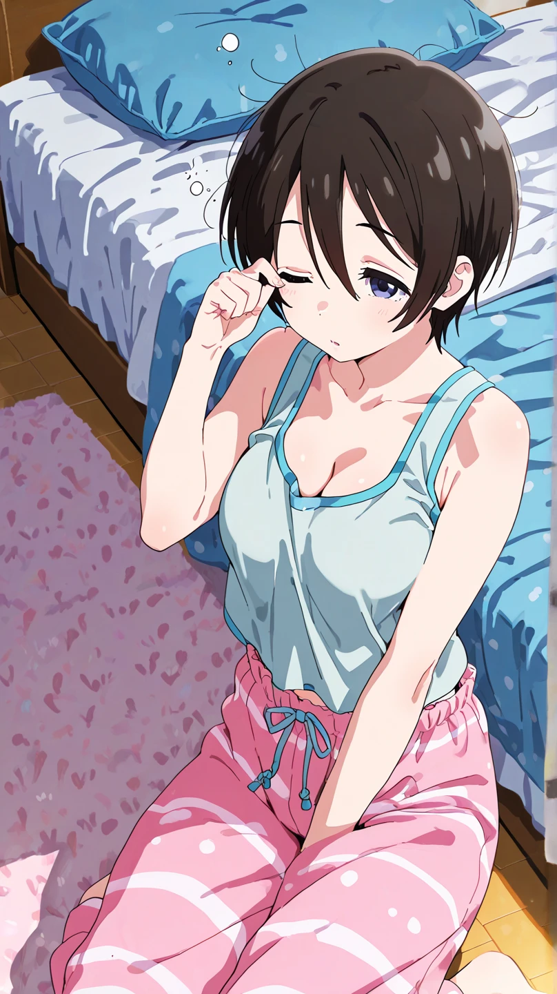 [[anime styled]],[[digitalart]],NSFW,1girl in,(Portrait),face focus/close up,Looking at Viewer,bedroom,lying,bed,Tomomi_Xijing, bow ribbon, Short hair,(Panties),(bra),medium build,perfect anatomy,Smile,blush,best quality,master piece,Perfect Lighting,(strong light),((brighten the subject)),oily skin,cury:1.2,,Best Quality,anime screen cap,Flat color,cel shading,Panties,short torso,,