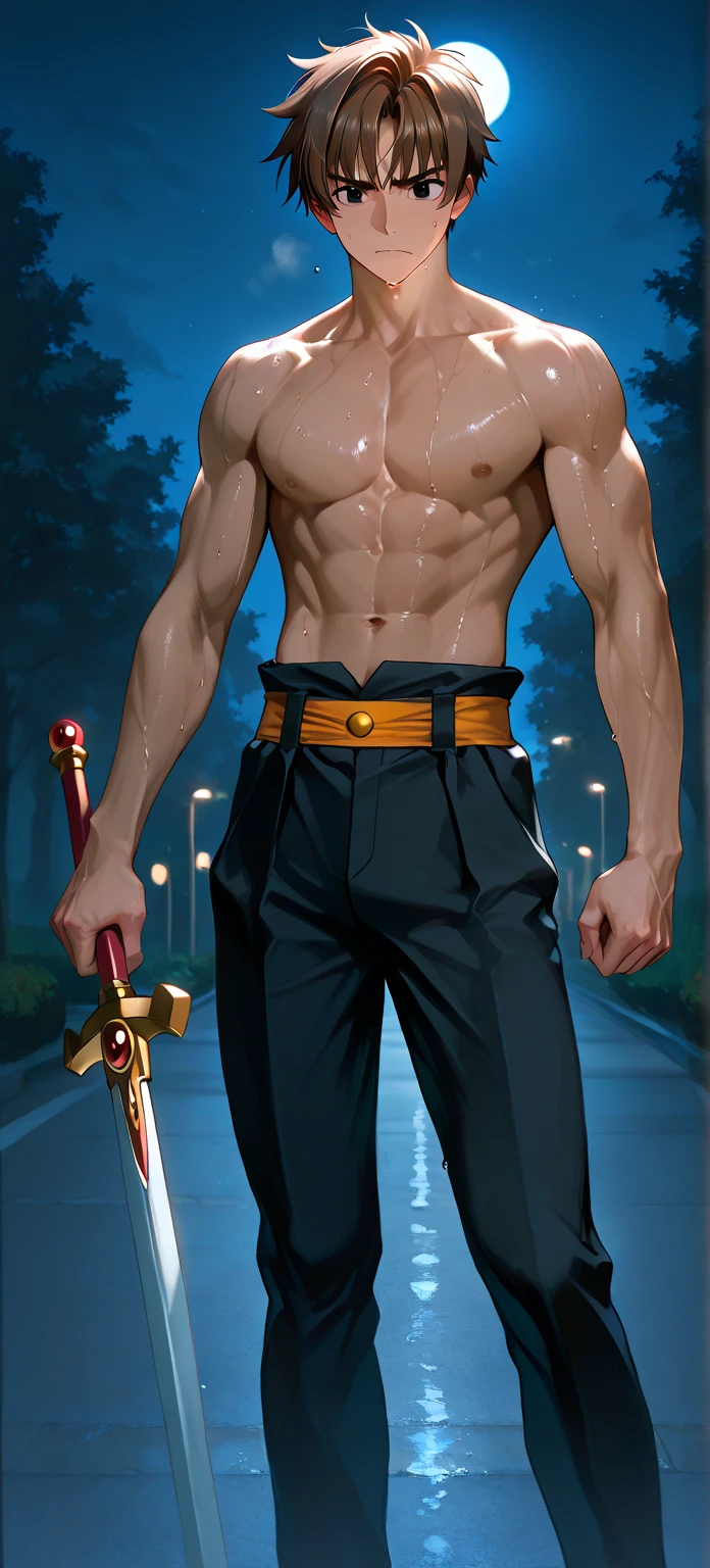 (absurdres, highres, ultra detailed), 1 male, (28 years old male) (short pointed ears) (elf) adult, handsome, perfect skin, flawless skin, tall slender guy, fierce eyes, narrow shoulders, finely detailed eyes and detailed face, messy shaggy black hair, shaggy hair, side bangs, bangs, bangs between eyes, hunk, hunky, green eyes, sexy twink, shirtless, bare chest, final fantasy 14, fantasy rouge, full body shot, lazy pose expression, cinematic, forest bokeh, dappled light, background,