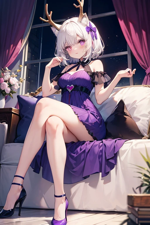 absurderes,(​masterpiece、top-quality、8K ),intricate detailes,ultra-detailliert、1 cute beautiful boy、embarrassed from、silber hair、Pattsun bangs、Short hairstyle、Blouse with white frills、White shorts、white knee highs、On the bed、Cute stuffed rabbit、Large white lace pillow、pink curtain、Bay window、Flowers in a vase、hyper realistic,perfect anatomy