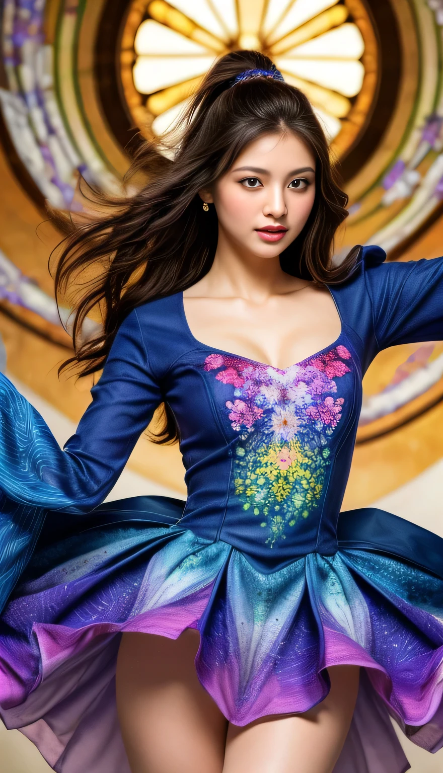 (masterpiece,highest quality),seamlessly blends the vibrant personality of the girl with the natural beauty of the leaves. As she dances through (a kaleidoscope of colors and patterns), the leaves react and mirror her movements with mesmerizing fractal designs,high-resolution details,biophile tech.
(masterpiece,highest quality),high-resolution details,sharp focus,(photorealistic:1.2),1girl,cowboy shot,(seamlessly blends the vibrant personality of the girl with the natural beauty of the flowers:1.1),(as she dances through (a kaleidoscope of colors and patterns), the flowers react and mirror her movements with mesmerizing fractal designs:1.1),