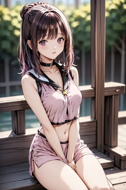 (child)，highest quality，Beautiful face in every detail，cute，Dark brown eyes，(背の低いcute女の子，Small young student，Young delicate girl）,（masterpiece，Top quality)，Black Hair，Sleepy expression，Sleeveless，(White shorts)，Crouching