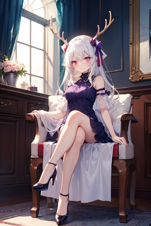 Delicateeyes,Long purple-gray hair,Super loose short sleeves,blush,plump thighs,look up,Sitting on knees,pant,Lace white fishnet stockings,shorts,Baby face and big buttocks