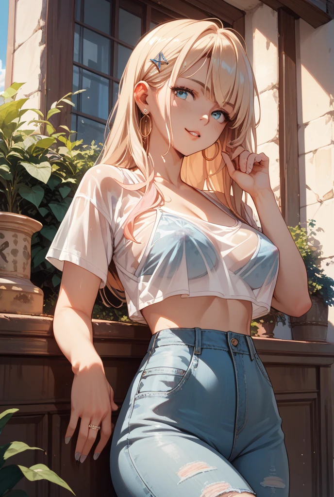 Anime Kawaii sexy Perfect Slim sensual body large breast and huge thighs, An intricate and highly detailed illustration of anime (Young girl) (work of art), best qualityer, expressive eyes, face perfect, high resolution, (8k), (face perfect), (ultra details), 1 girl, standing alone, garota terry bogard, hair blonde, hypdertailed, blue colored eyes, long hair, boné de baseball, gloves fingerless, shorts jeans, shoe, blushful, afraid, anguished, With open mouth, background of the room, we don't put, standing, portraite, looking at herself