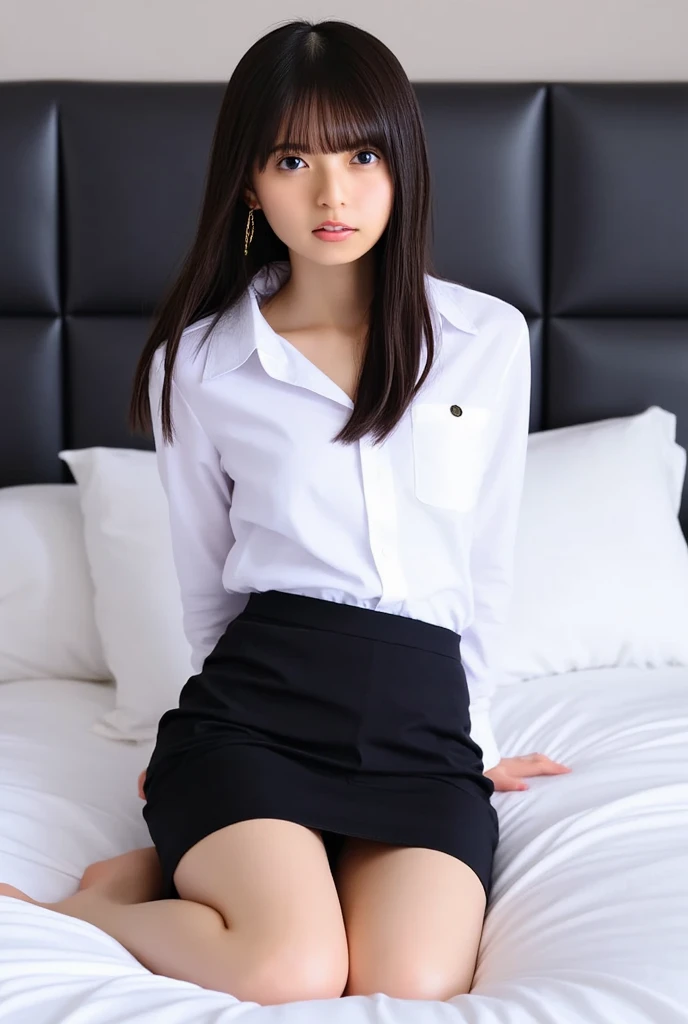 (In 8K,highest quality,masterpiece),(Realistic,RAW Photos,Super Fine Clear),Realistic Light,Detailed skin,Beautiful Japanese Women,((30-year-old woman,))、Businesswoman'Clothing,Office Fashion,(Long skirt)、Panty shot,Black sexy panties、kneeling to spread legs,Thin legs、fine grain,Detailed fingers、thin、Sexual,???????表情,In a stylish bedroom、a place where there are no people,???????,era of asian eyes