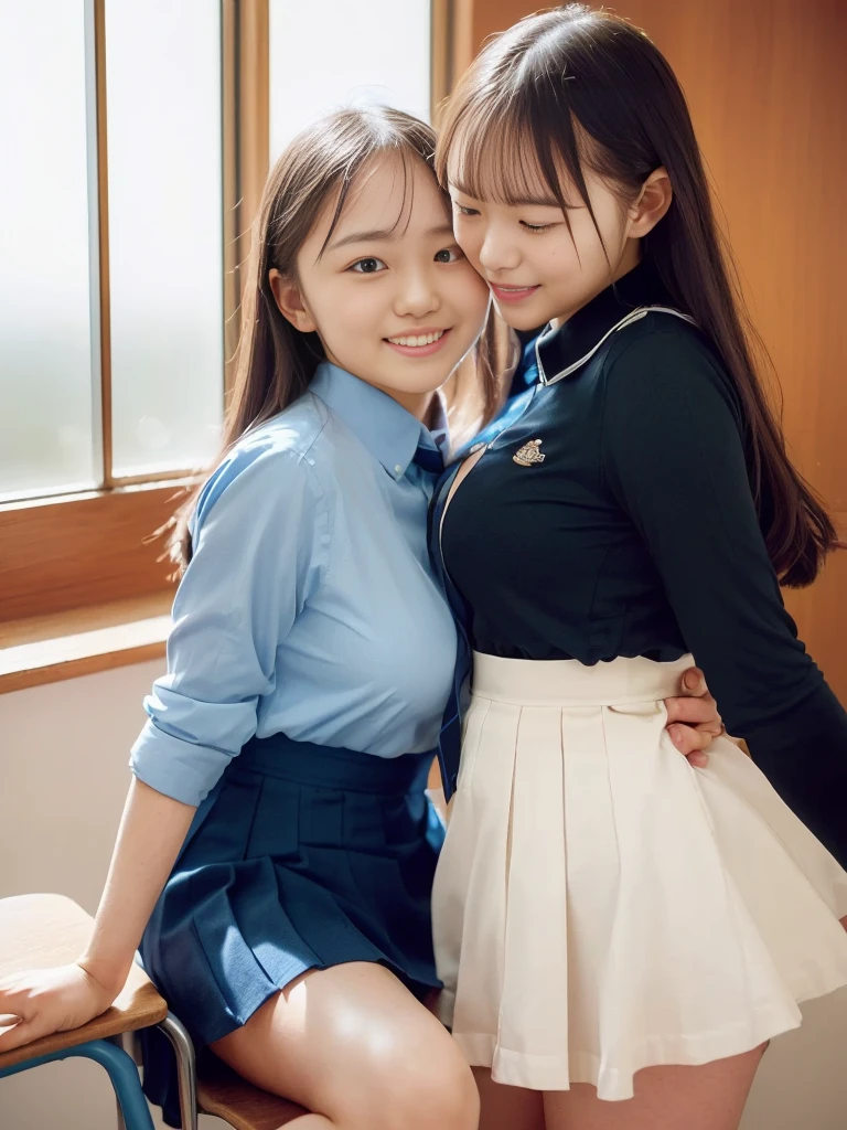top-quality、​masterpiece、超A high resolution、(Photorealsitic:1.4)、twinsies、The ultra-detailliert、cute little、(A smile:1.1)、a miniskirt