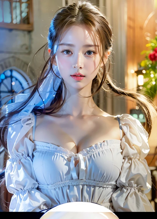 （Masterpiece、超high quality、１６ｋ、Hyper Detail、Intricate details、Realism、Photorealistic photography、Perfect ???????、Professional Lighting、Perfect proportions、Perfect Face、17-year-old girl、cute、Super detailedな目、cute目、Well-formed face、Beautiful Hair）、（８ｋ、Raw photo、Best image quality、masterpiece：1.4）、（Realistic、Realistic：1.4）、bangs、（（Dark brown eyes：1.4、Round eyes））、(UHigh resolution, retina, masterpiece, Accurate, Anatomically correct, Textured skin, Super detailed, Attention to detail, high quality, 最high quality, High resolution, 1080P, High resolution, 4K, 8k, 16K), Beautiful lip detail, Physically Based Rendering, Vibrant colors,（Fantasy art）、Beautiful Church（Silver Hair：2.0）、Long dress、A large fluttering skirt、Looking back pose、Beautiful smile、Dancing petals、corolla