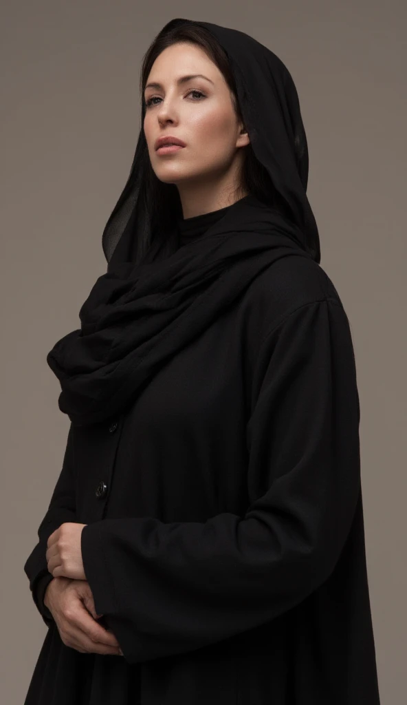 professional portrait photo, fully dressed, plain, 25-year-old, wearing colorful Charcoal Abaya Style Suit, simple pure white background, desilatte