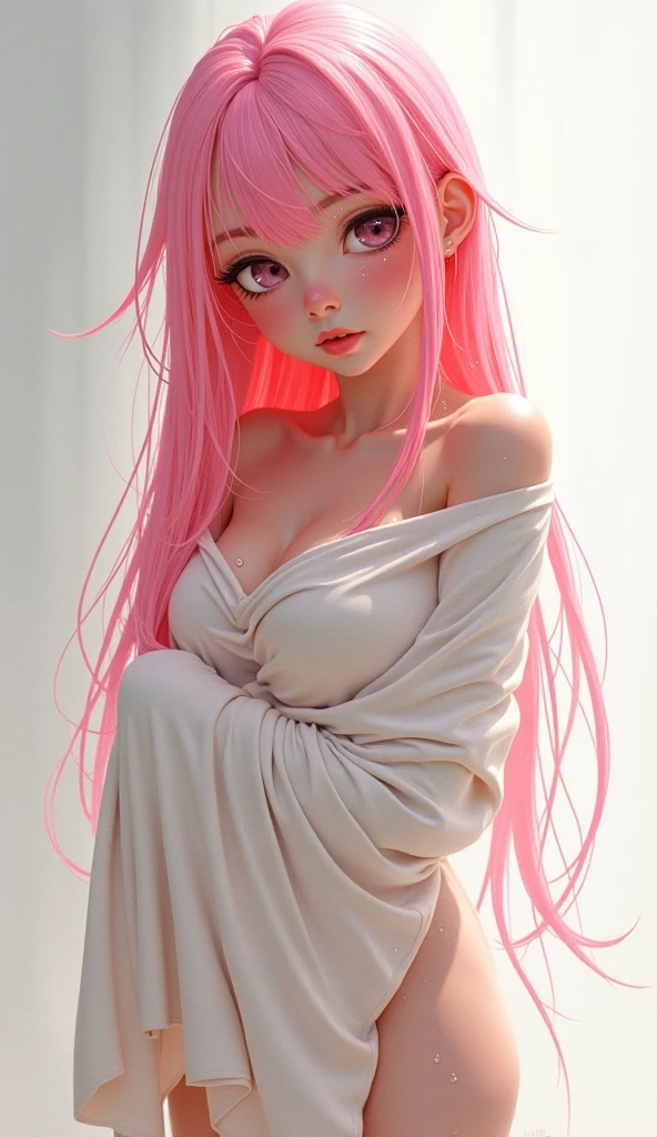Light blue and red color scheme,pink nipple,little body,Petite,White curly hair, high detail, best quality, supper detail, detail eyes, pink pussy, simple background, 5/6 body