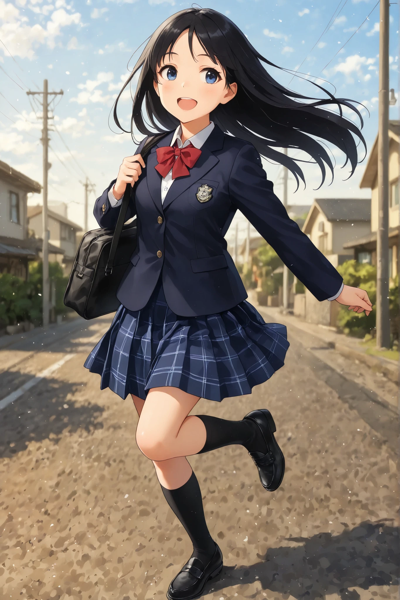 A 7-heads-tall, semi-realistic anime-style full-body illustration of a Japanese high school girl.
She is wearing a navy blue blazer with a school emblem badge and two front buttons, a white dress shirt, and a wine-red ribbon tie.
Her skirt is a blue plaid pleated skirt with intersecting white and navy lines.
Her hairstyle is long, straight black hair with a center part, flowing in the wind.
She wears black knee-high socks and black leather loafers, and carrying a black school backpack on her back.
The background is a quiet residential neighborhood in a regional town on a bright morning.
She is depicted mid-movement—walking or skipping joyfully—with a cheerful, lively expression. Her pose conveys youthful energy, with dynamic motion in her hair and skirt as they catch the breeze.