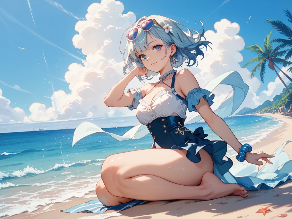 1 ,Blue Pupil,toenails,hand on own face,White hair,sky blue eyes,(blush:1.1),choker,blue sky,lesbian full body,shivering,sweat,Gotas de sweat,dream magical,(speed line:1.1),medium breasts, ((rough breathing:1.3)), cure, butterfly earrings, top cut, pleasure, loud and cold,high quality 4k