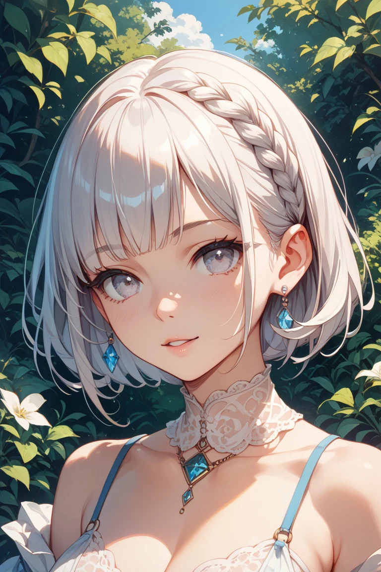 ((Highest quality)), ((masterpiece)), (detailed), A large amount:1.2),extremely detailed cute anime face, (((Flat Chest))), (Flat Chest:1.1),((((Short Bob Hair)))),Complex eyes,beautiful detailed eyes,Symmetrical eyes,(((detailed face))),beautiful detailed lips, If you look at this, (((Embarrassing))),(emotional expression),(My heart is pounding with anticipation.), A translucent white dress reveals her skin、String panties,片手をString pantiesの紐に触っている,Filling condoms,Have a used condom,Sitting on the bed,Filling condomsが散乱している,White liquid splashed on face,White liquid on the chest