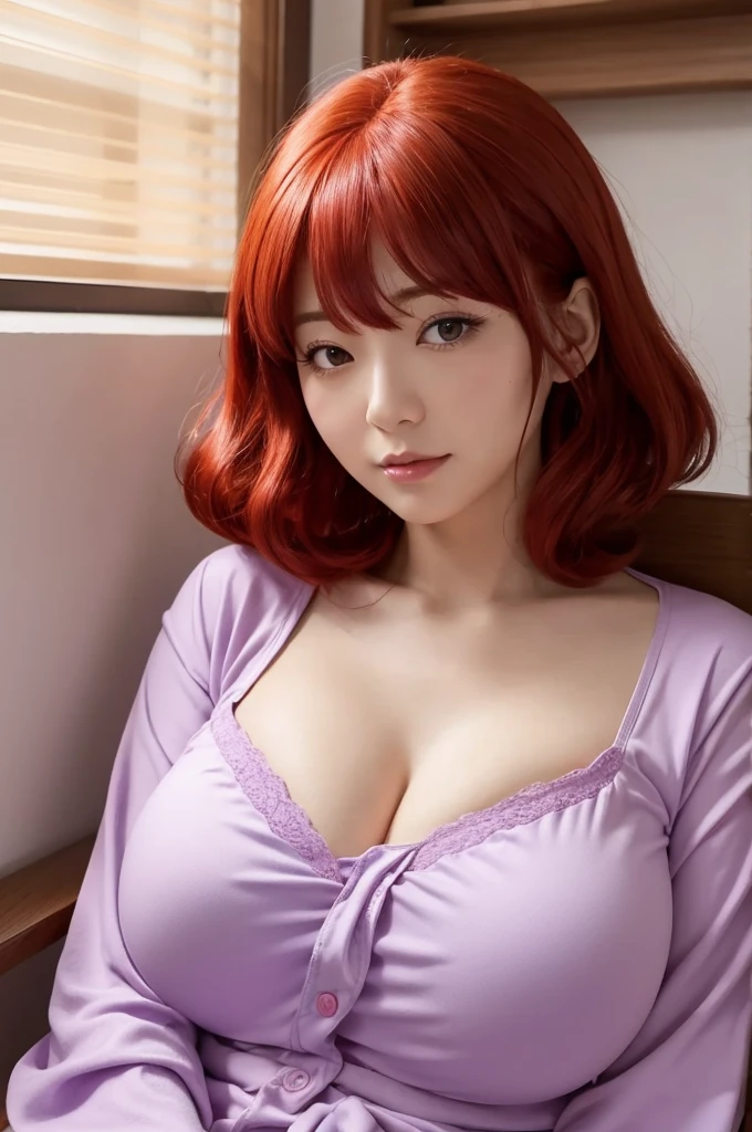 masterpiece、A woman wearing cute pink floral pajamas is sitting on her bed、Ultra high definition、Redheadの少女,美しいRedheadの女性、Redheadの女性、若い Redheadの少女,Short bright red hair,Red hair and attractive features,完璧な顔立ちRedheadの少女, Redhead, Beautiful woman, beautiful silky skin、Soft skin texture、Cleavage、Beautiful breasts、Posing in bed, Redhead, Short Red Hair, Posing in the room、Ultra-high resolution、8k Raw Photo:1.5、Best lighting、Depth of written boundary、Professional photography、