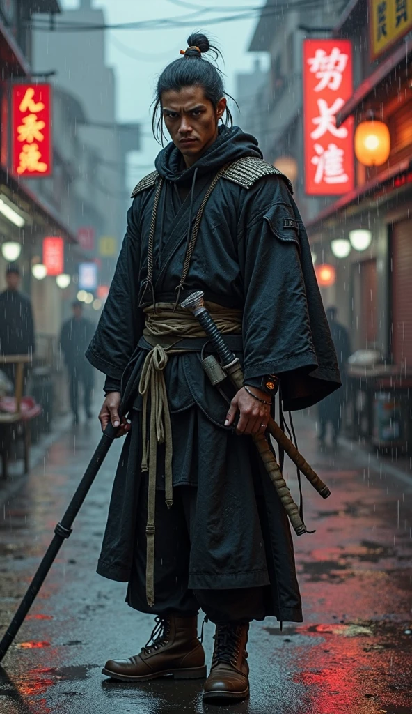 A photorealistic Japanese male samurai in a modern urban setting at ...