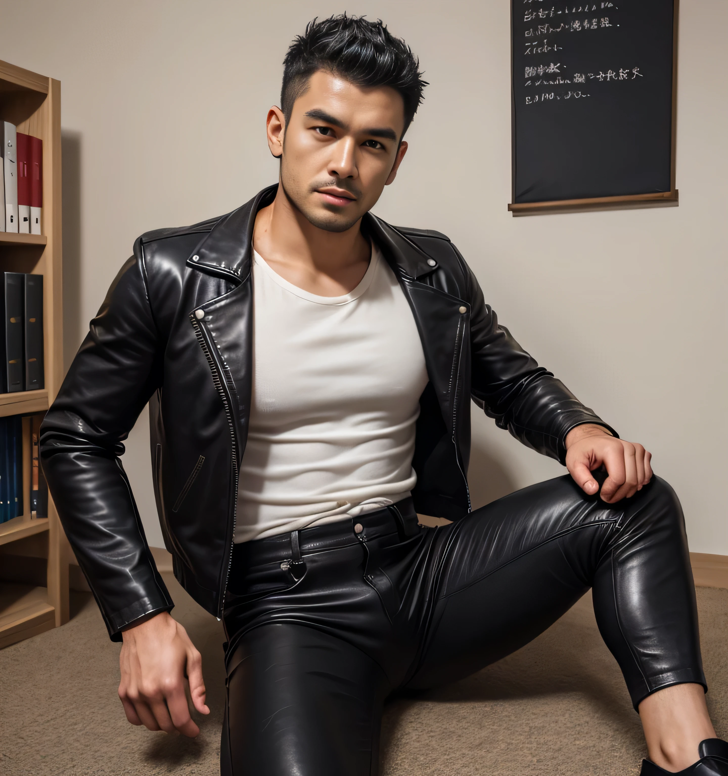 25 year old handsome, One Man,、 muscular、 Kosaka Ikuo。 leather jacket、 black shirt 、 black leather slim pants 、 black hair、short hair 、office、 legs、 on the ground、 leather jacket、 black shirt、 black leather slim pants 、 lift their upper body、Emphasize facial expression Kosaka Ikuo Front Mad Max