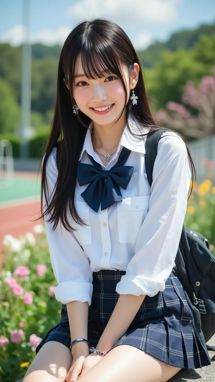head frame, center image, 8K resolution, high detail, detailed hairstyle, detailed face, great cinematic lighting, octane rendering, lively, surreal, perfect limbs, perfect anatomy,masterpiece, selfie shot, Front view, Young and beautiful Japan woman, big smile, school classroom, gorgeous appearance, Wearing a short-sleeved shirt with a white collar、Wearing a plain shiny blue satin bow tie。。, She is wearing a blue tartan plaid miniskirt., Wearing short white socks, wearing black leather shoes, absolutely beautiful face, glossy lips, double eyelids in both eyes, natural makeup, long eyelashes, Shiny and smooth light brown medium hair, asymmetrical bangs, tanned skin, alone in the classroom, Textbooks and notebooks on the desk, squat,