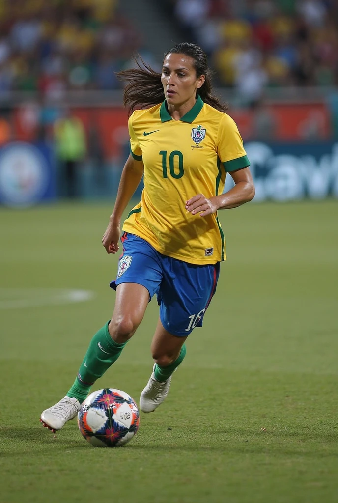 A very beautiful woman wearing the yellow uniform of the Brazilian national team and taking a shot.