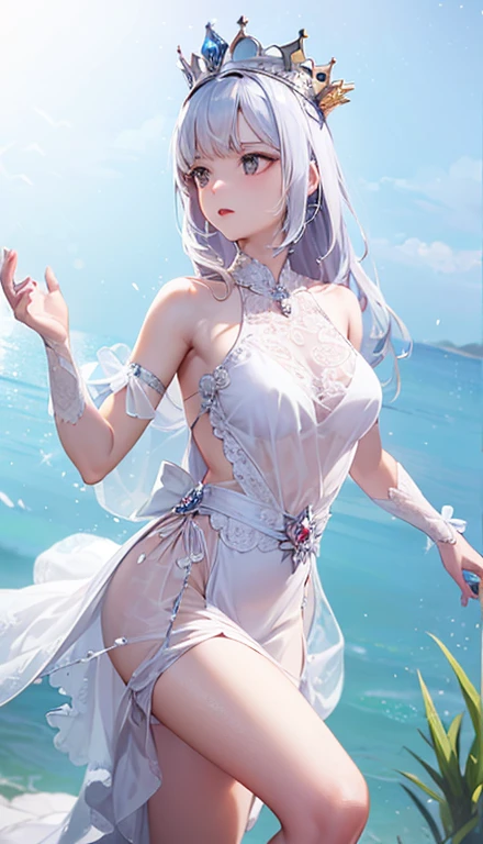 1 beautiful girl、Solo、From diagonally above、Realistic、Good anatomy,Skin Texture、Intermediate chest、Middle chest、white hair、Silver long dress、A Princess、The dragon