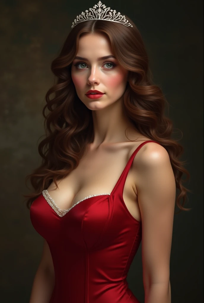 1 woman, open mouth, blush, Brown hair, language, from behind, breasts, in short red dress