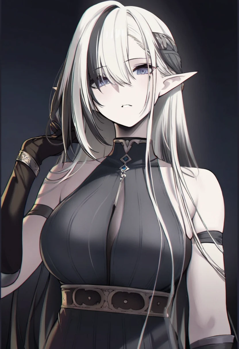 8k, hd, (masterpiece:1.2, best quality), (finely detailed beautiful eyes: 1.2), (detailed background,dark fantasy), (beautiful detailed face), high contrast, (best illumination, an extremely delicate and beautiful), white background, ((cinematic light)), (((sharp focus))), colorful, hyper detail, dramatic light, intricate details, (anime style), digital art, character sheet, 1girl, beautiful girl, anime girl,
Elf girl, white skin, white iris, silver hair, pointy ears, big breast, busty body,
wearing black tight clothes, with red accent color, red sash belt,