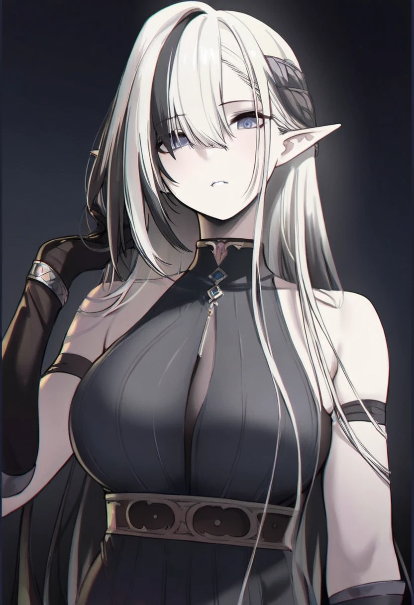 1girl, anime, cute girl, elf, blank background, white background, fantasy, detailed dark fantasy dress with highlights, beautiful face, beautiful eyes, dark colors, medium breasts, slight cleavage, beautiful skin, cute, silver hair, red eyes, breast curtains, extremely delicate and beautiful, (beautiful detailed face:1.0), (detailed deep eyes), symmetrical breasts, deep eyes, shiny skin, portrait, slender waist, hips wider than shoulders, thighs, young girl