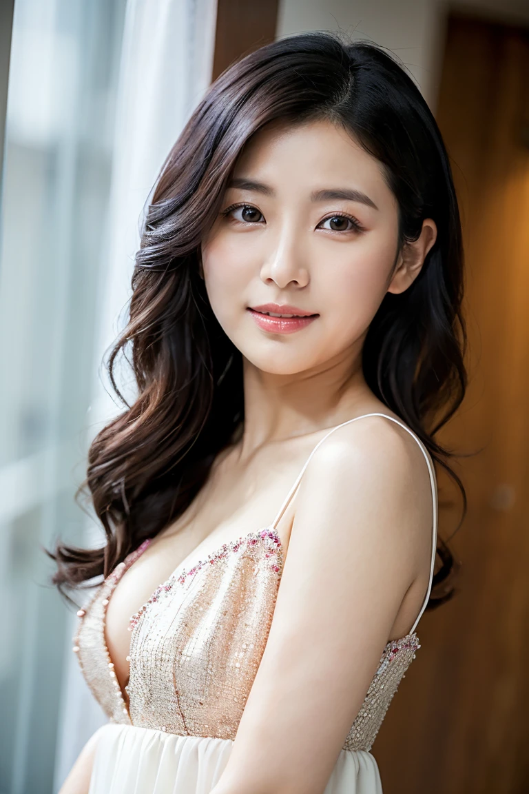 ((highest quality、8k、masterpiece:1.3))、1 girl、laughter、Full body Esbian、slim face、Beautiful woman、(dark brown hair)、full length dress:1.1、highly detailed face、detailed eye、double eyelid、blurred background、slim face、nice hotel、Take-out、place your hands behind your back、portrait、background blur、cute、Idol、