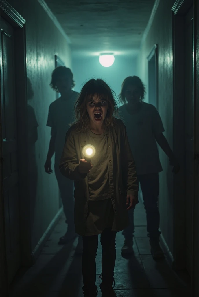 A ghostly scream echoing through the dark room as the friends man react in fear.