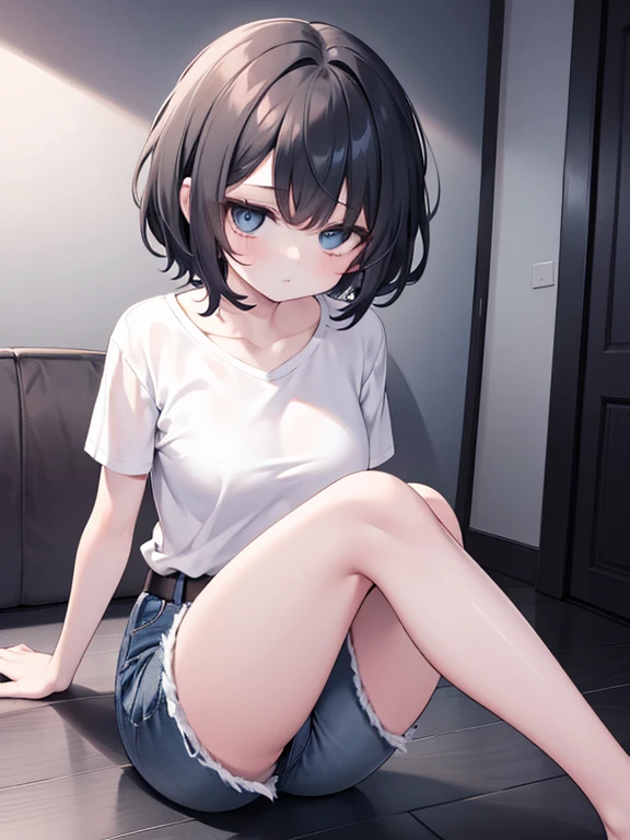 masterpiece, best quality, 1girl, solo, woman, short hair, t-shirt, jeans