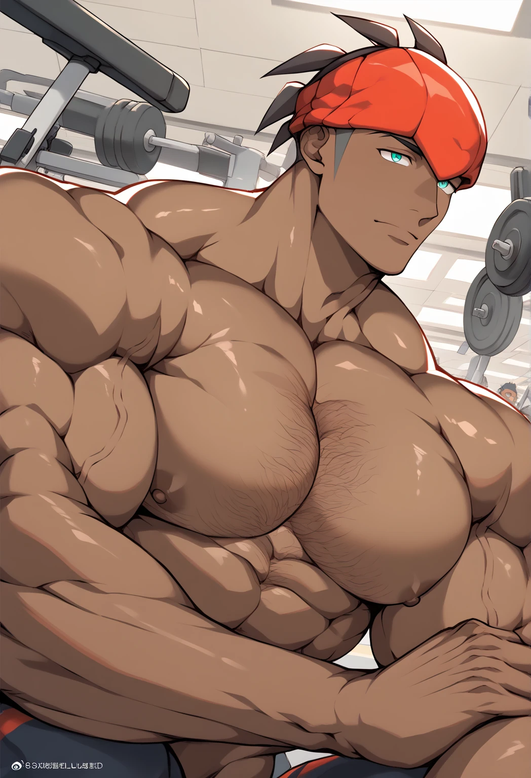 big boy with massive pecs bursting out of tight shirt, large oversized bulge growing in sweatpants. The bulge is too big, bigger than another guy's head.