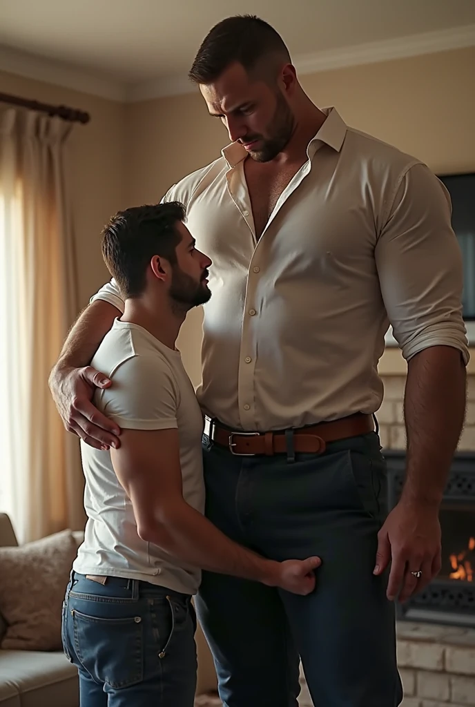 Two men, White and dark white plaid shirt, Short hair, Black hair, Short black hair, Big lips, Thick eyebrows, Thin body, drooping eyes, Blushing, Sexual arousal, , , Yaoi, Men, SEX , Sex for two, Covered, penetration, , , Assaulted by a man in a blue plaid shirt, Ass, Toned, Slender legs、adhesion、darkened room,perfect sex, flawless sex