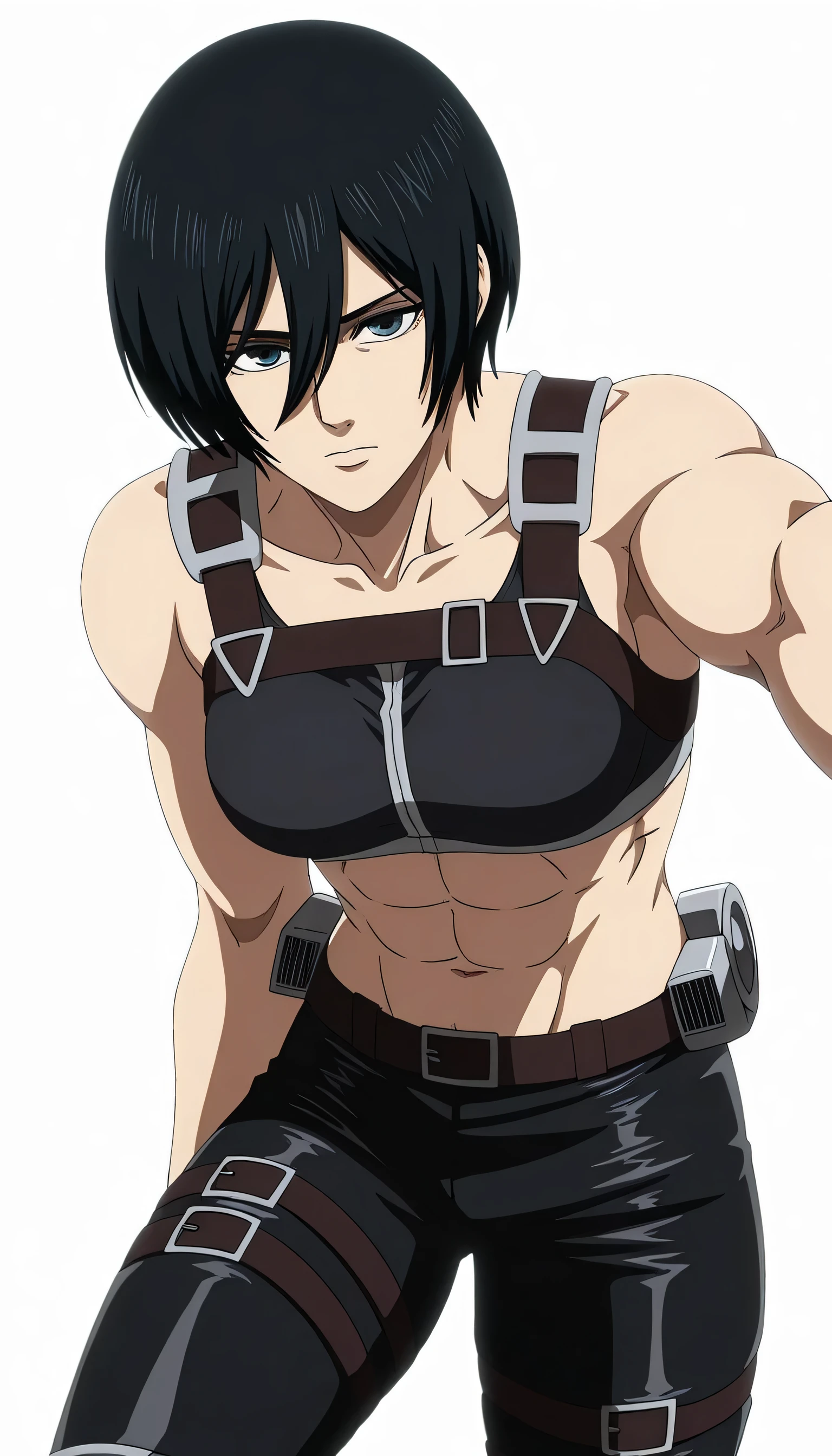 anime coloring, anime screencap, mikasa ackerman, 1girl, solo, short hair, black hair, towards viewer, badass, closed mouth, black sport bra, , belt, black pants, standing, cowboy shot, reaching towards viewer,, white background, simple background, masterpiece, best quality, highres, very aesthetic, very awa, newest, amazing details, intricate details, ultra detailed,six-pack,bluge between mikasa legs indicates that she have non erect penis,tone six-pack,lean,Matching design own anime,metal muscles designed,sexual pelvis muscles,mikasa handsome face,mikasa princes face,serratus anterior muscles,moderate body size