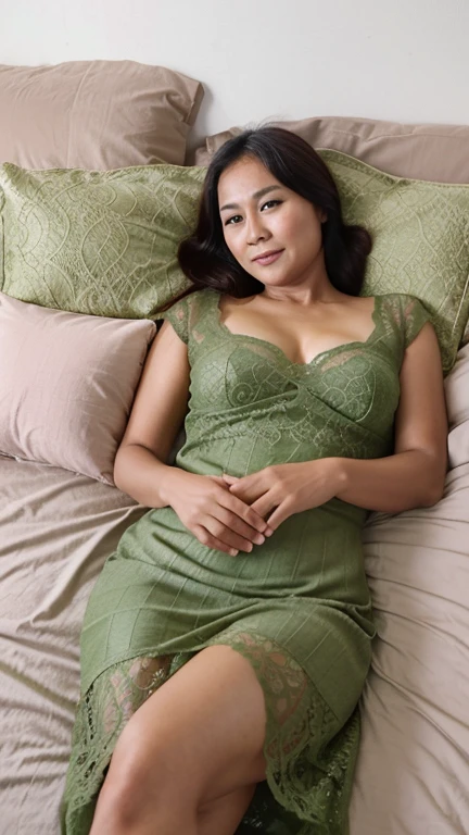 Aunt in Osaka、Organic Photography、best quality、masterpiece、Ultra-high resolution、Beautiful old lady、50 years old、looking at the audience、Elegant face、Toothy Smile、Large Breasts，Wearing a green body-hugging nightdress、Huge sagging chest contour，Wavy Hair、Real skin texture，Sitting on the bed，Revealing smooth and white thighs，In the bedroom，Background blur