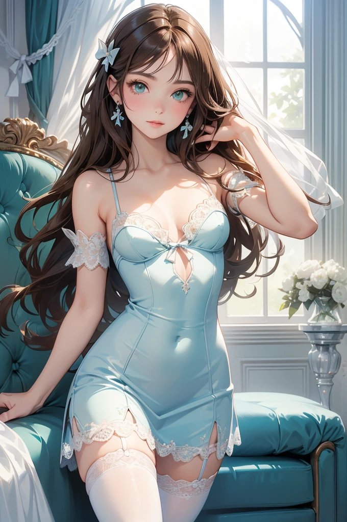 ((highest quality)), ((masterpiece)), (get used to it), perfect face , adult beautiful girl , Beautiful long light brown hair , beautiful blue eyes , In underwear , medium breasts , Blue roses scattered , lie on the bed ,