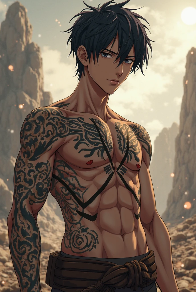 Sasuke Uchiha, (showing armpit), shirtless, in leaf village, masterpiece, best quality, ultra quality, absurd details, best light, best shadow, sharp, sharp picture, detailed face, detailed eyes, detailed hair, detailed, extremely detailed, great resolution, 8k, 4k, uhd, ray tracing