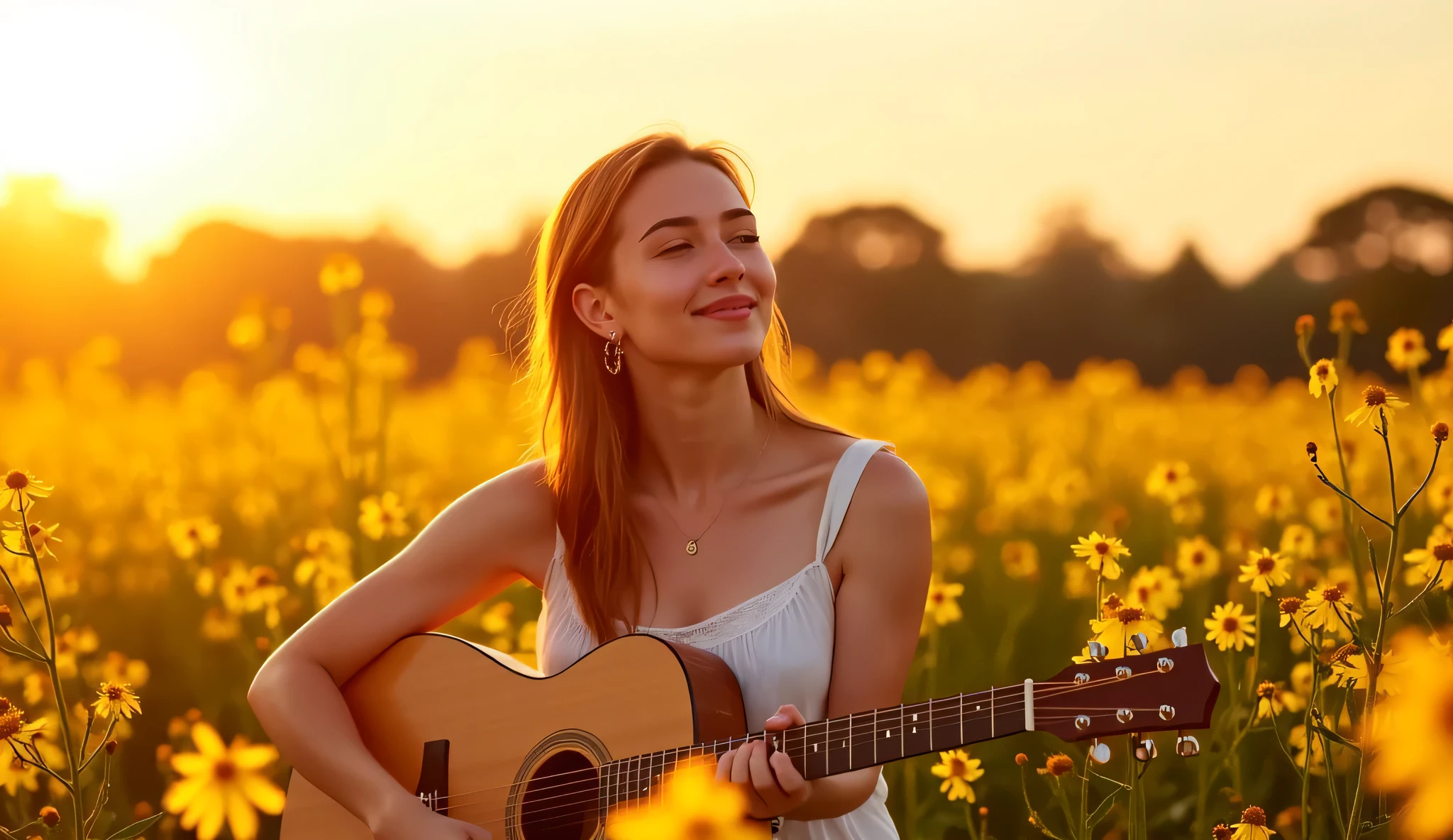 A young woman sitting in a field of blooming yellow wildflowers during golden hour, playing an acoustic guitar, worshiping in nature, with the sun low in the sky behind her, warm backlight, glowing sun rays, serene expression, flowing dress, peaceful and spiritual mood, cinematic composition, 4K, high detail.
--neg: text, watermark, logo, extra limbs, deformed hands, distorted face, blurry, cartoon, anime style, low resolution