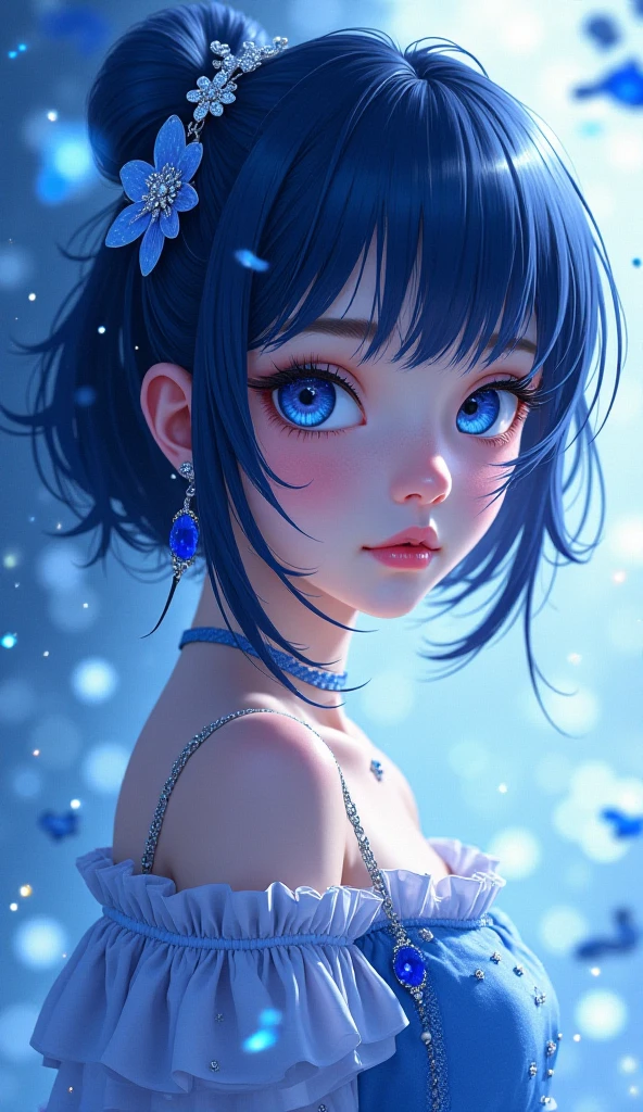 a beautiful picture of a girl with blue flowers on her face, in the style of monochromatic paintings, dark sky-blue and dark navy, dark sky-blue and dark white, multilayered realism, luminous shadowing, anime-inspired, elegant outlines