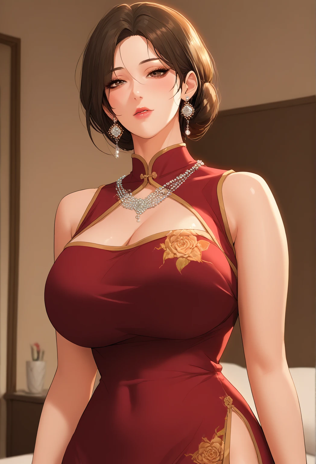 a mature woman wearing a saree, big long jhumka earrings, beautiful detailed eyes, smooth detailed lips, beautiful face, smiling, wearing red lipstick, single hair braid, showing navel, wearing bangles, saggy breasts, (best quality,4k,8k,highres,masterpiece:1.2),ultra-detailed,(realistic,photorealistic,photo-realistic:1.37),portrait,cinematic lighting,highly detailed,vibrant colors,warm tones
