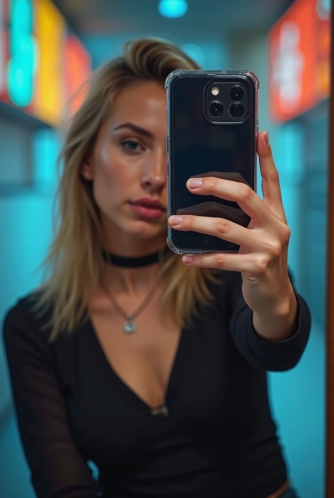 Photo of a young blonde girl taking a selfie in her bedroom, striking a very sexy pose with her phone in front of her mirror. She hides her face completely. She's of average build. The mirror is equipped with white LEDs. She is dressed.