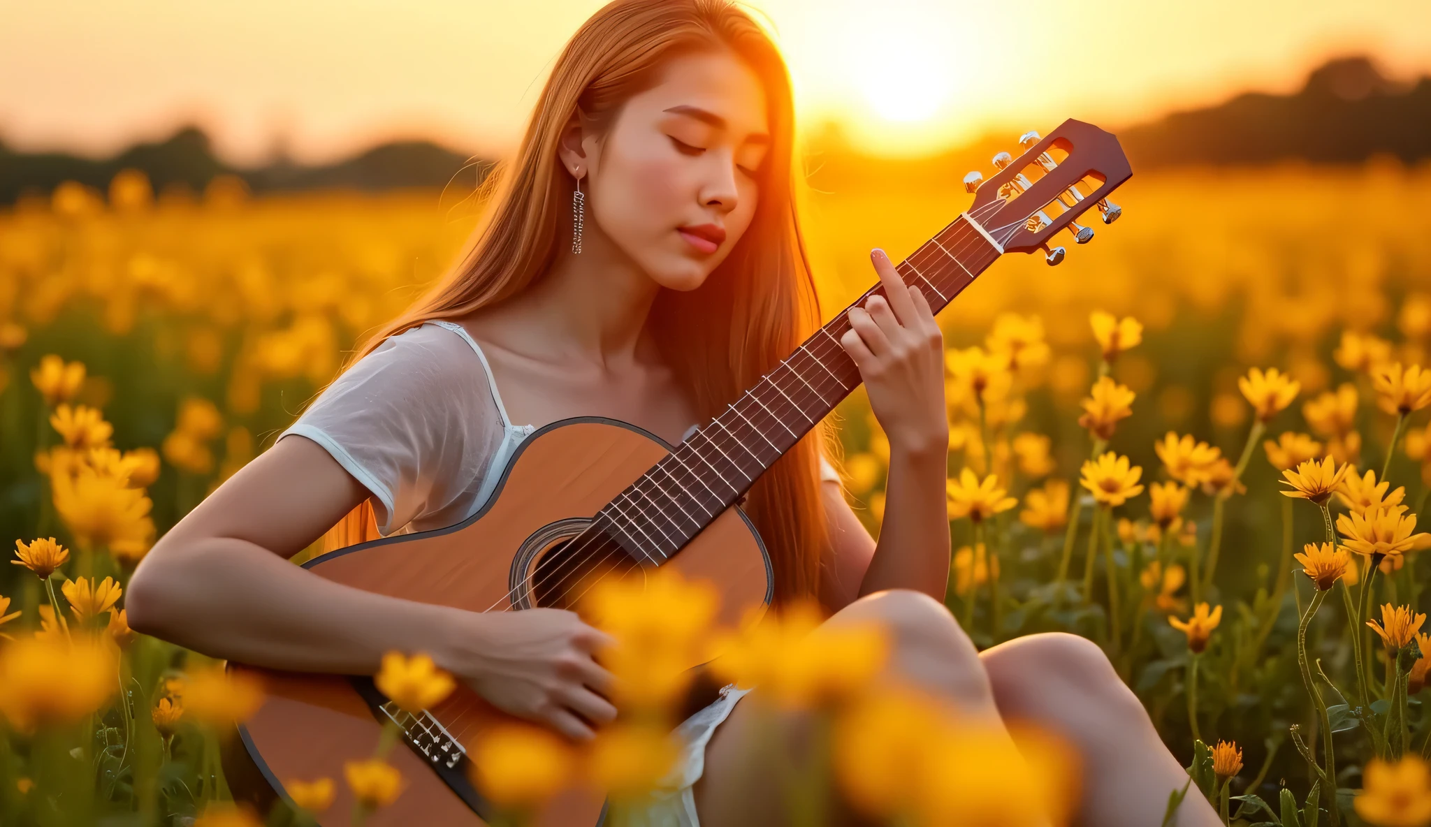 A young woman sitting in a field of blooming yellow wildflowers during golden hour, playing an acoustic guitar, worshiping in nature, with the sun low in the sky behind her, warm backlight, glowing sun rays, serene expression, flowing dress, peaceful and spiritual mood, cinematic composition, 4K, high detail.
--neg: text, watermark, logo, extra limbs, deformed hands, distorted face, blurry, cartoon, anime style, low resolution
