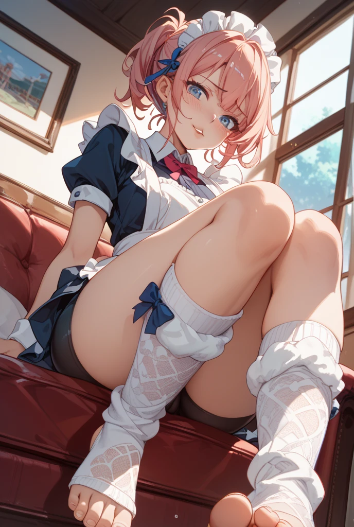 1 woman, high quality, mini skirt, sitting on chair with her feet up, white socks, showing panties, looking down at you, smirk,