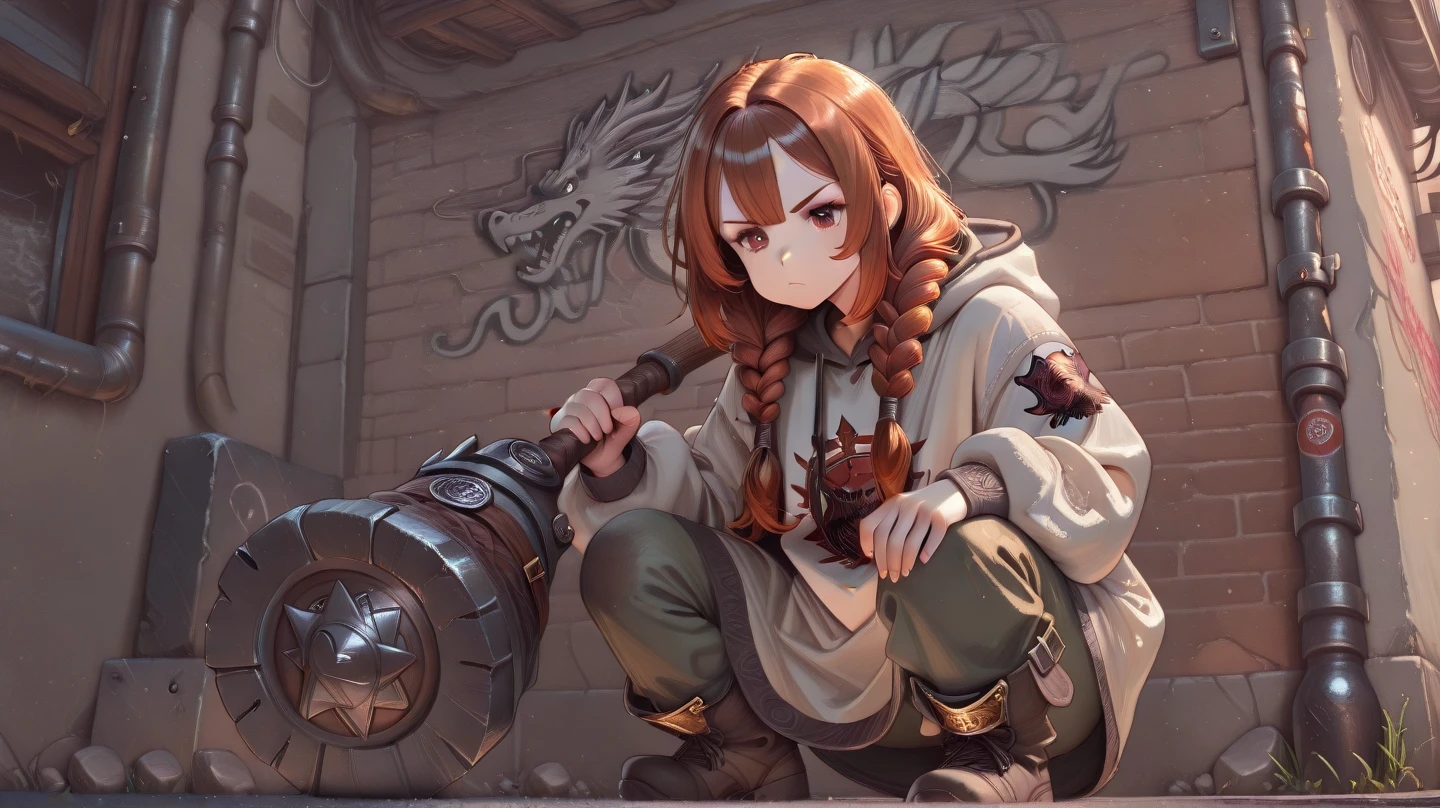 “A sexy young dwarf girl with braided auburn hair, wearing an oversized hoodie with a dragon emblem, bikini and wearing a cargo street pants standing in a graffiti-covered alley, urban fantasy style, soft lighting, 4k, detailed, 14k busty body full body view and holding a massive dwarf hammer squatting knees spread out 